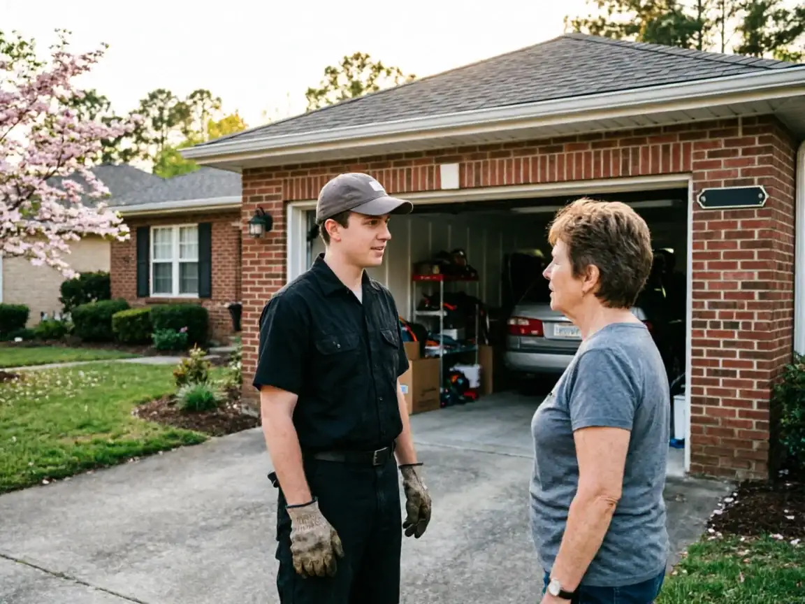 A technician in a cap and gloves talks to a woman in front of a brick house.