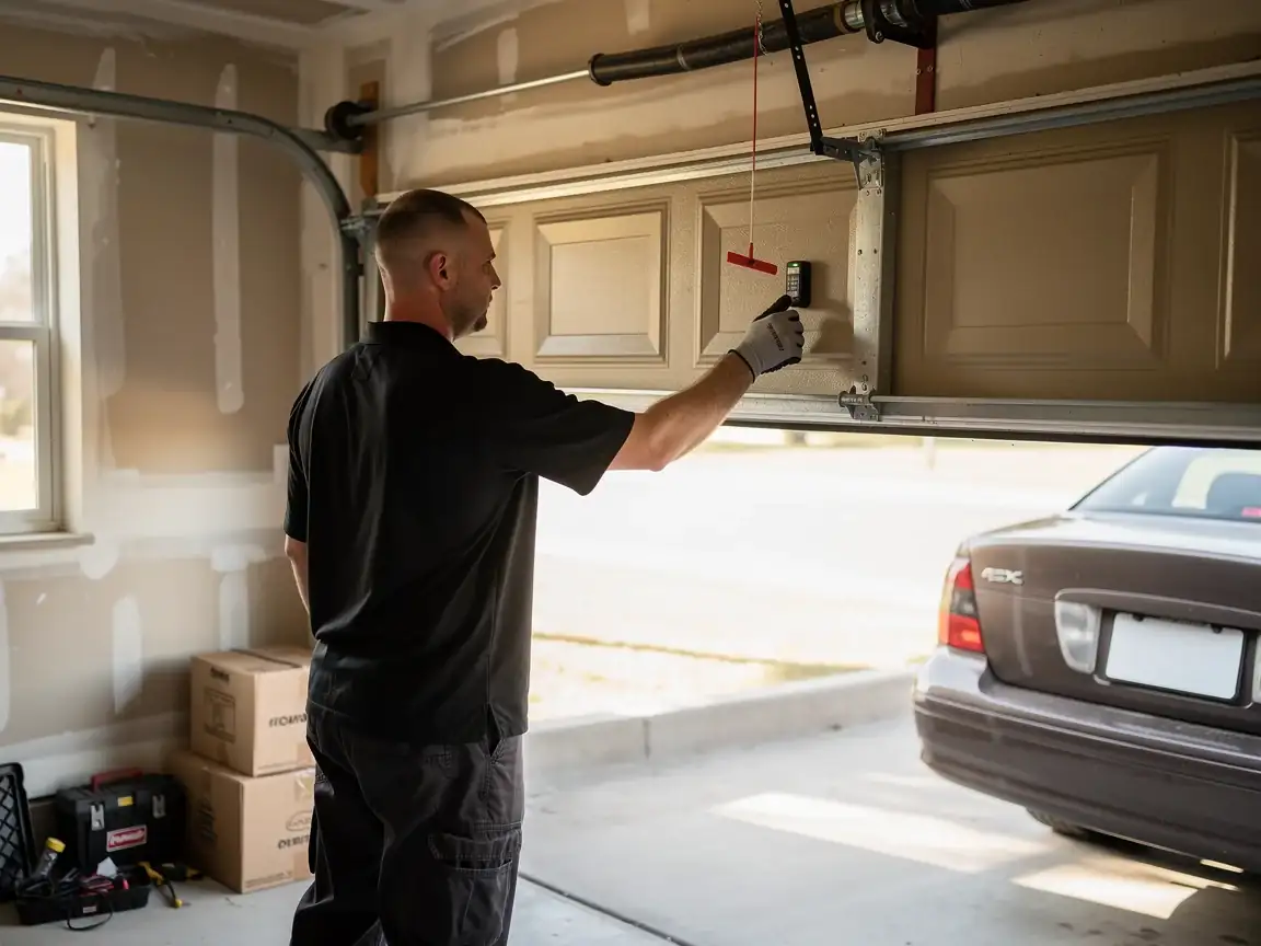 A technician in a black shirt operates a garage door opener with a remote.