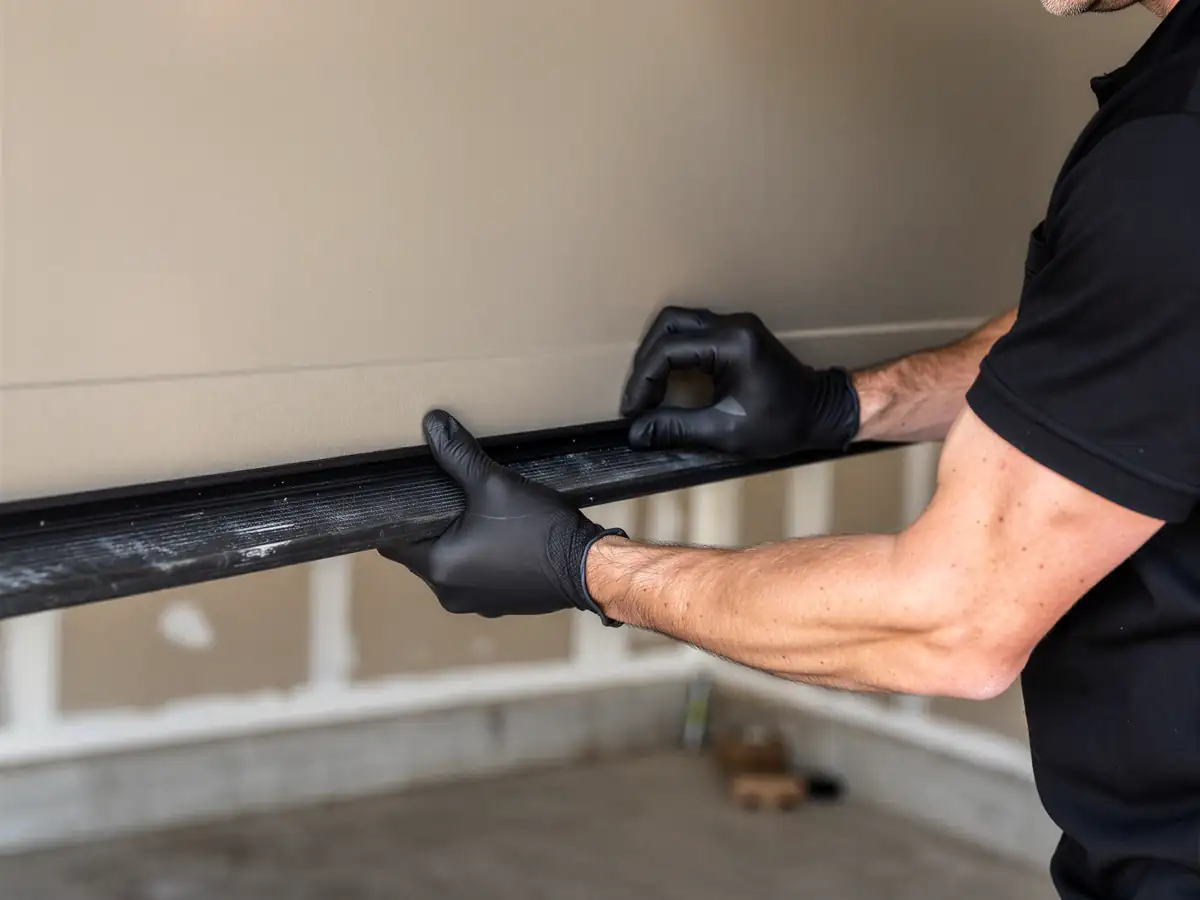 A technician in black gloves installs a black garage door bottom seal.